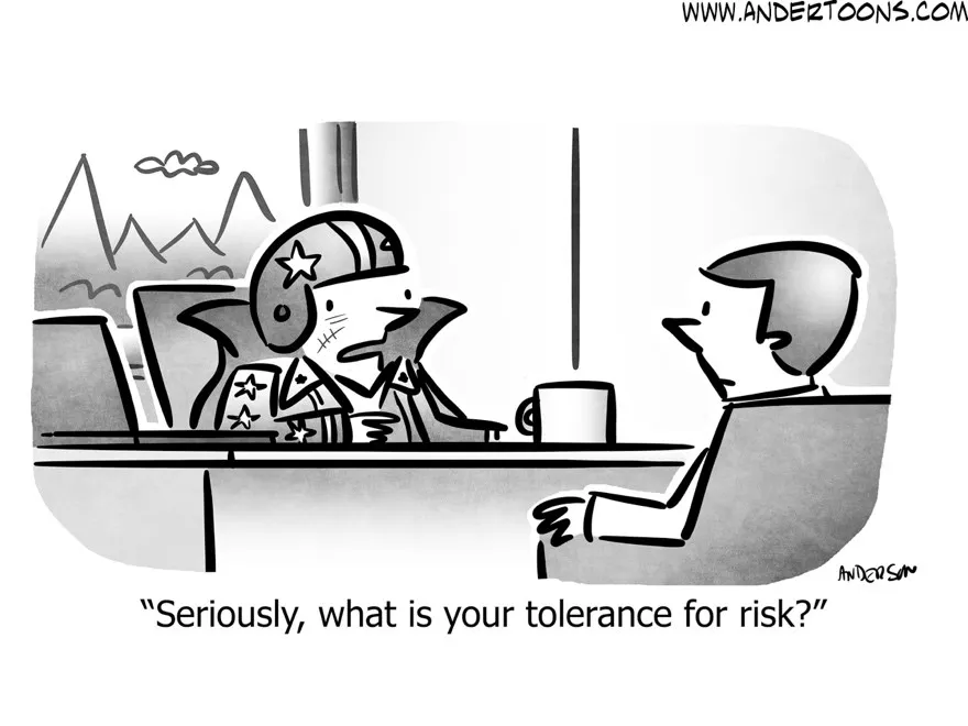 Cartoon with boss wearing protective gear asking employee 