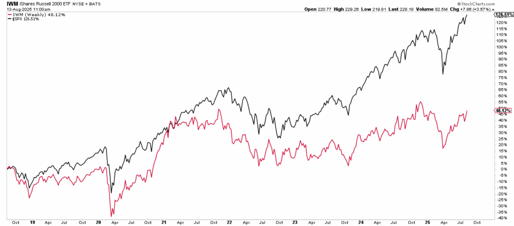 Performance comparison between large and mid-small cap stocks.