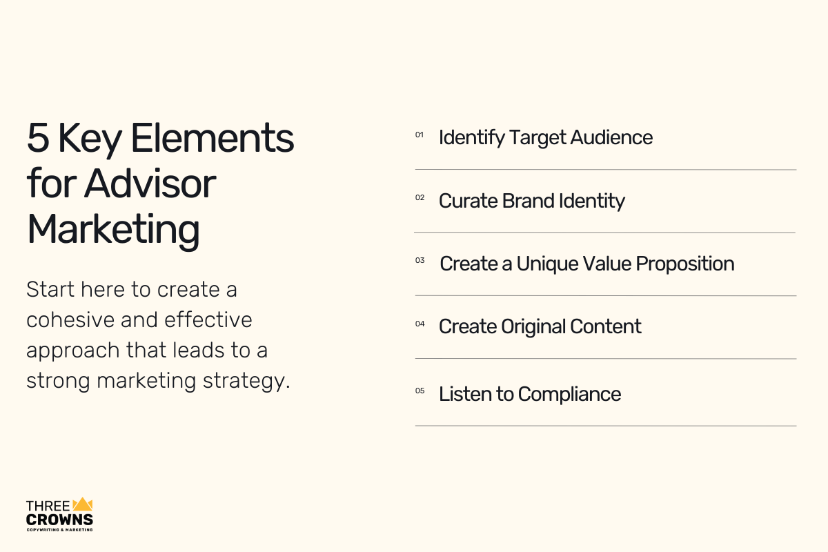 list of 5 Key Elements for Financial Advisor Marketing