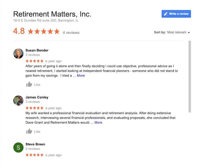 google reviews for financial advisors, Retirement Matters inc.