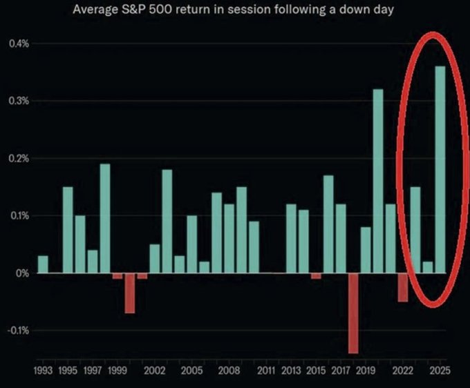 A bar chart titled Average S&P 500 return in session following a down day displays years on the x-axis from 1993 to 2025 and percentage returns on the y-axis ranging from -0. 4% to 0. 4%. Green bars indicate positive returns and red bars negative returns with varying heights. A red oval highlights a negative return bar around 2022 and a green oval highlights a positive return bar near 2025.