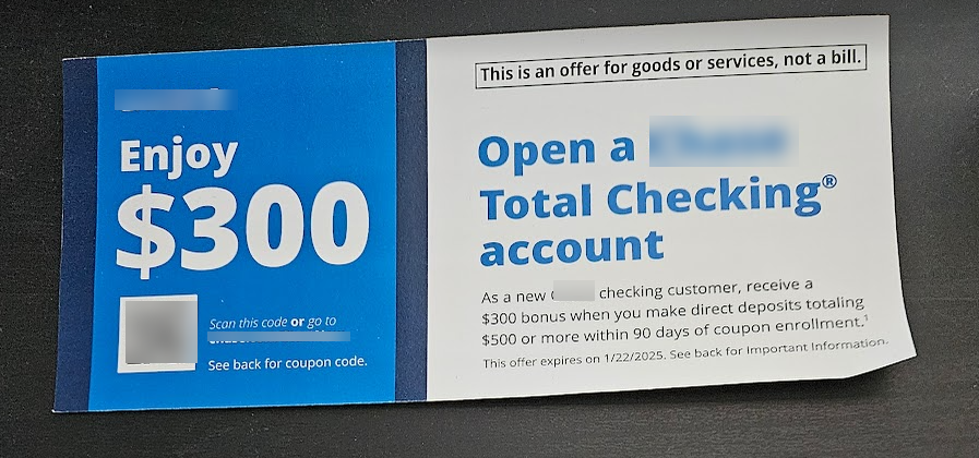 Blue advertisement from bank offering $300 dollars to open checking account