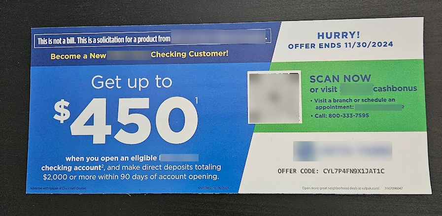 Blue advertisement from bank offering $450 dollars